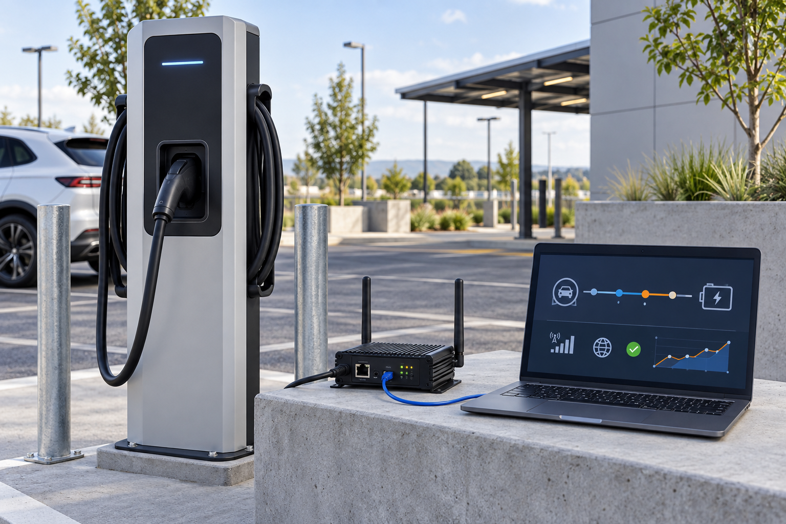Generic electric vehicle charger connected to an unbranded cellular gateway beside a laptop showing an abstract charging session timeline