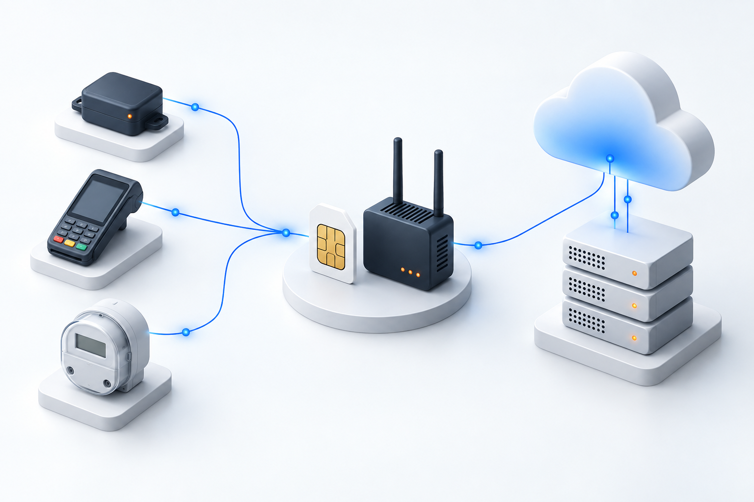Conceptual Global IoT SIM connectivity: GPS tracker, POS and meter devices, a cellular gateway and cloud services