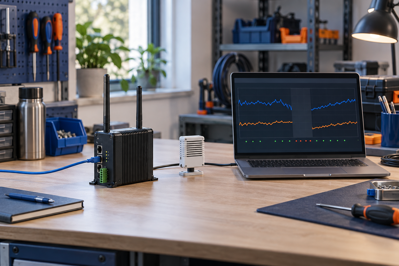 Unbranded IoT gateway and sensor on a workbench with a telemetry chart showing a connection gap and recovery
