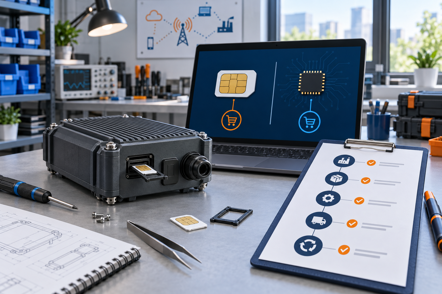 Rugged generic IoT enclosure with a physical SIM tray and an abstract embedded eSIM circuit view on a laptop